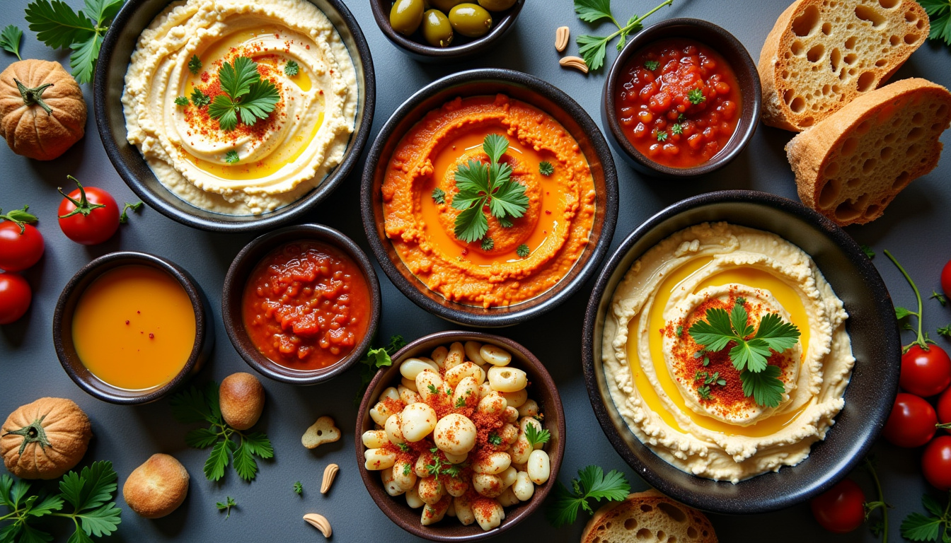 Zengin meze tabağı — humus, ezme, haydari
